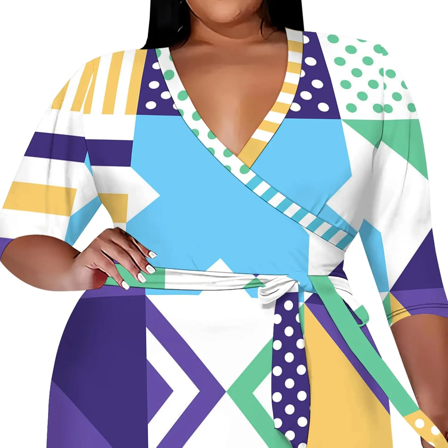 Women's Summer Plus Size Midi Dress 3/4 Sleeves V Neck Sexy Curvy Wrap Geometric Pattern Party Club Dresses with Belt