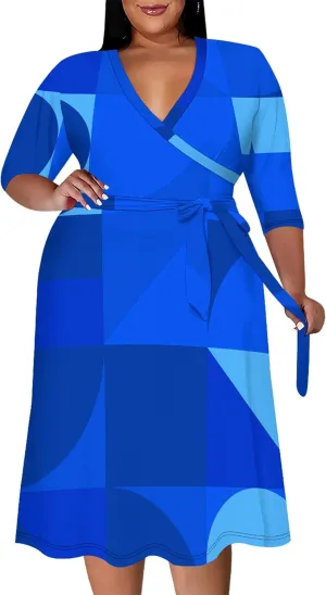 Women's Summer Plus Size Midi Dress 3/4 Sleeves V Neck Sexy Curvy Wrap Geometric Pattern Party Club Dresses with Belt