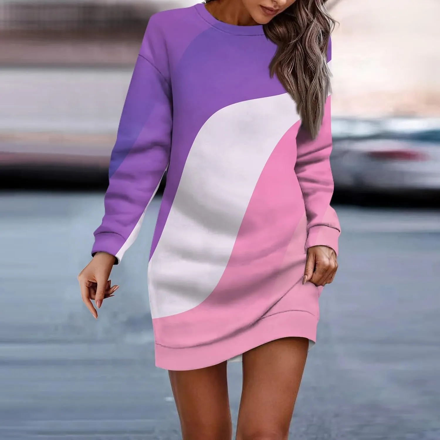 Womens Sweater Dresses 2024 Round Neck Geometric Long Sleeve Hip Wrapped Dress Sweater Dress