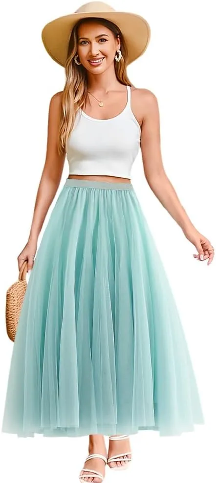Womens Tulle Midi Long Skirts, Elastic High Waist Pleated Mesh Flowy A-Line Long Tutu Fairy Skirt