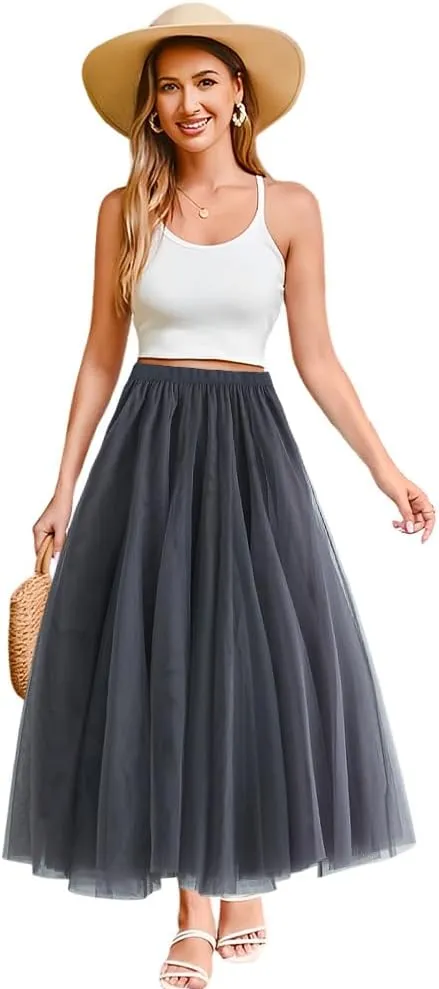 Womens Tulle Midi Long Skirts, Elastic High Waist Pleated Mesh Flowy A-Line Long Tutu Fairy Skirt