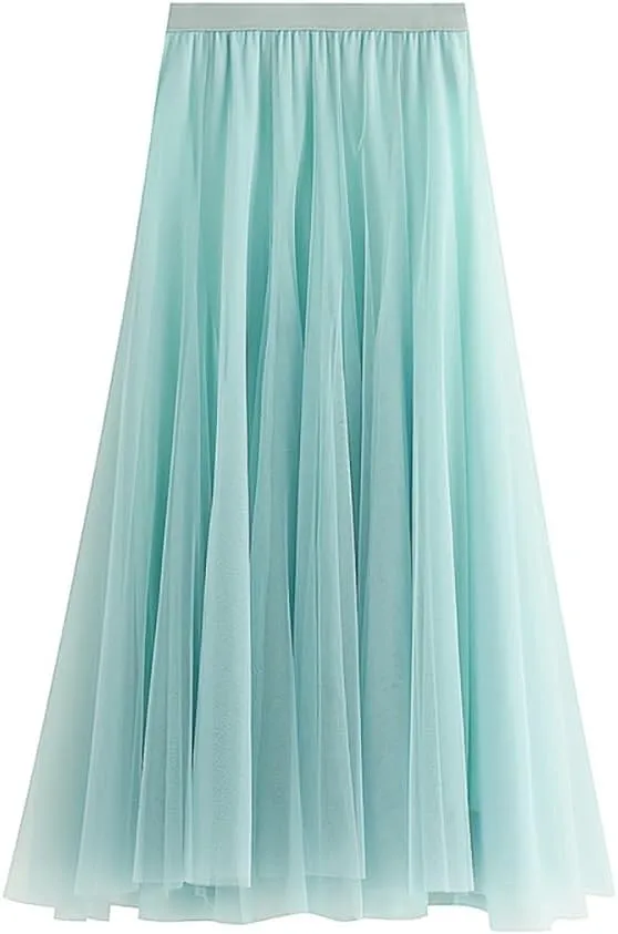 Womens Tulle Midi Long Skirts, Elastic High Waist Pleated Mesh Flowy A-Line Long Tutu Fairy Skirt