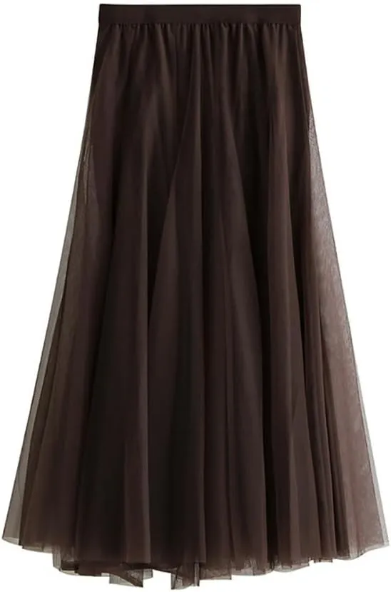 Womens Tulle Midi Long Skirts, Elastic High Waist Pleated Mesh Flowy A-Line Long Tutu Fairy Skirt