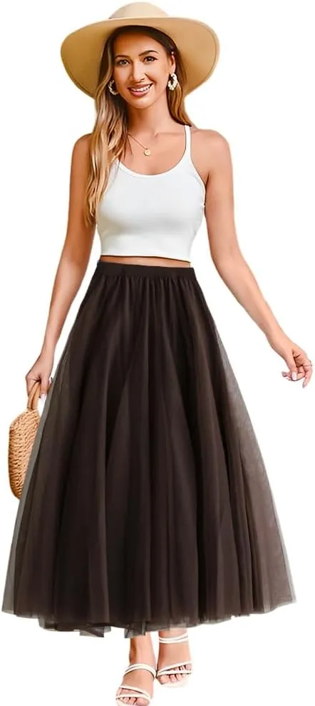 Womens Tulle Midi Long Skirts, Elastic High Waist Pleated Mesh Flowy A-Line Long Tutu Fairy Skirt