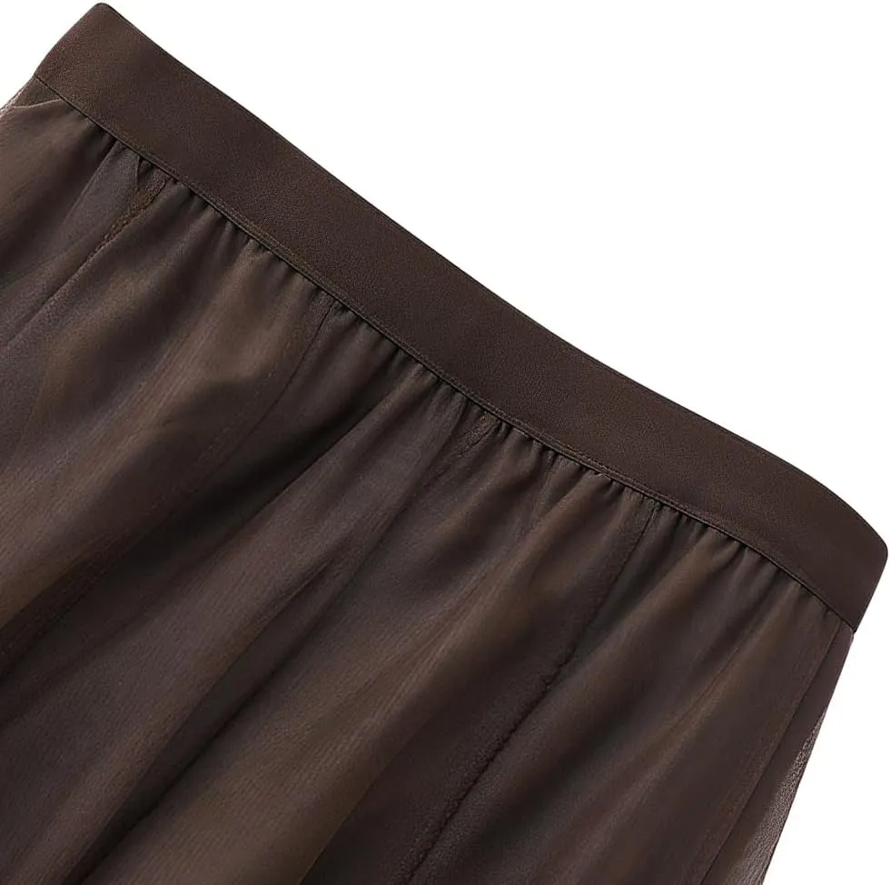 Womens Tulle Midi Long Skirts, Elastic High Waist Pleated Mesh Flowy A-Line Long Tutu Fairy Skirt