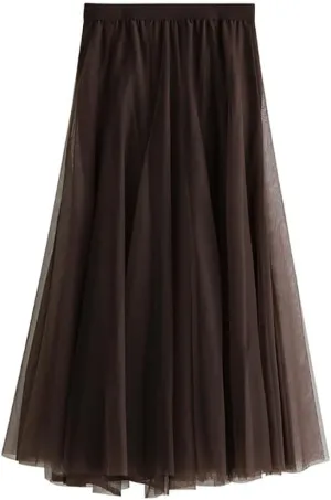 Womens Tulle Midi Long Skirts, Elastic High Waist Pleated Mesh Flowy A-Line Long Tutu Fairy Skirt