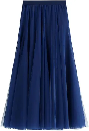 Womens Tulle Midi Long Skirts, Elastic High Waist Pleated Mesh Flowy A-Line Long Tutu Fairy Skirt