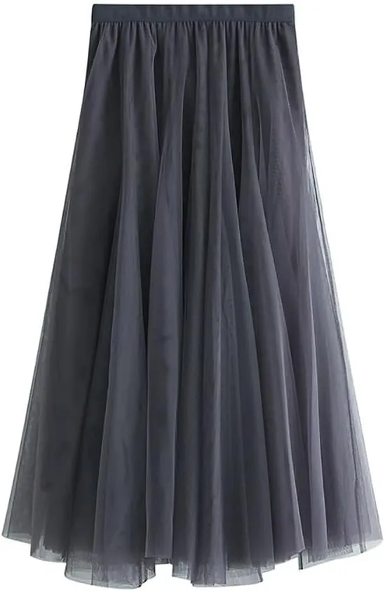 Womens Tulle Midi Long Skirts, Elastic High Waist Pleated Mesh Flowy A-Line Long Tutu Fairy Skirt