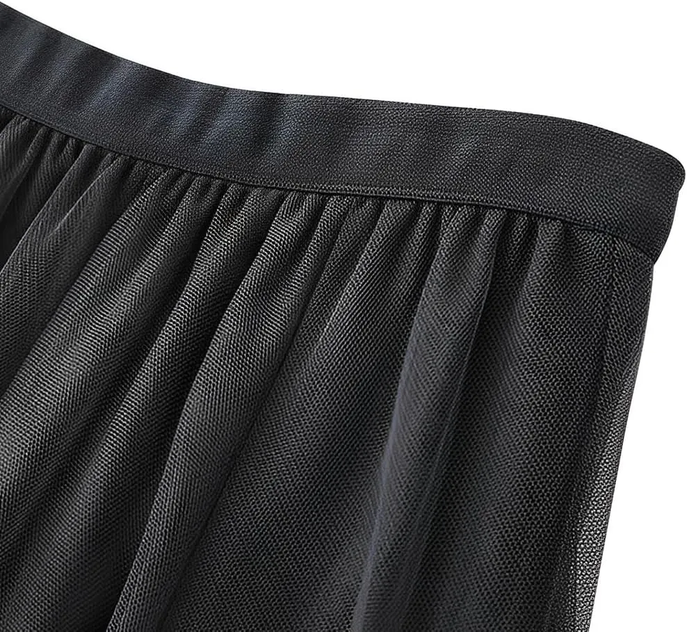 Womens Tulle Midi Long Skirts, Elastic High Waist Pleated Mesh Flowy A-Line Long Tutu Fairy Skirt