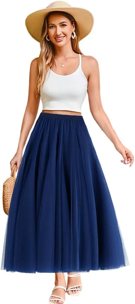 Womens Tulle Midi Long Skirts, Elastic High Waist Pleated Mesh Flowy A-Line Long Tutu Fairy Skirt