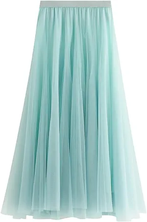 Womens Tulle Midi Long Skirts, Elastic High Waist Pleated Mesh Flowy A-Line Long Tutu Fairy Skirt
