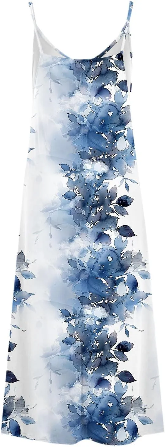 Womens V Neck Adjustable Spaghetti Strap Sundress 2025 Vintage Printed Maxi Cami Dress Summer Beach Outfits
