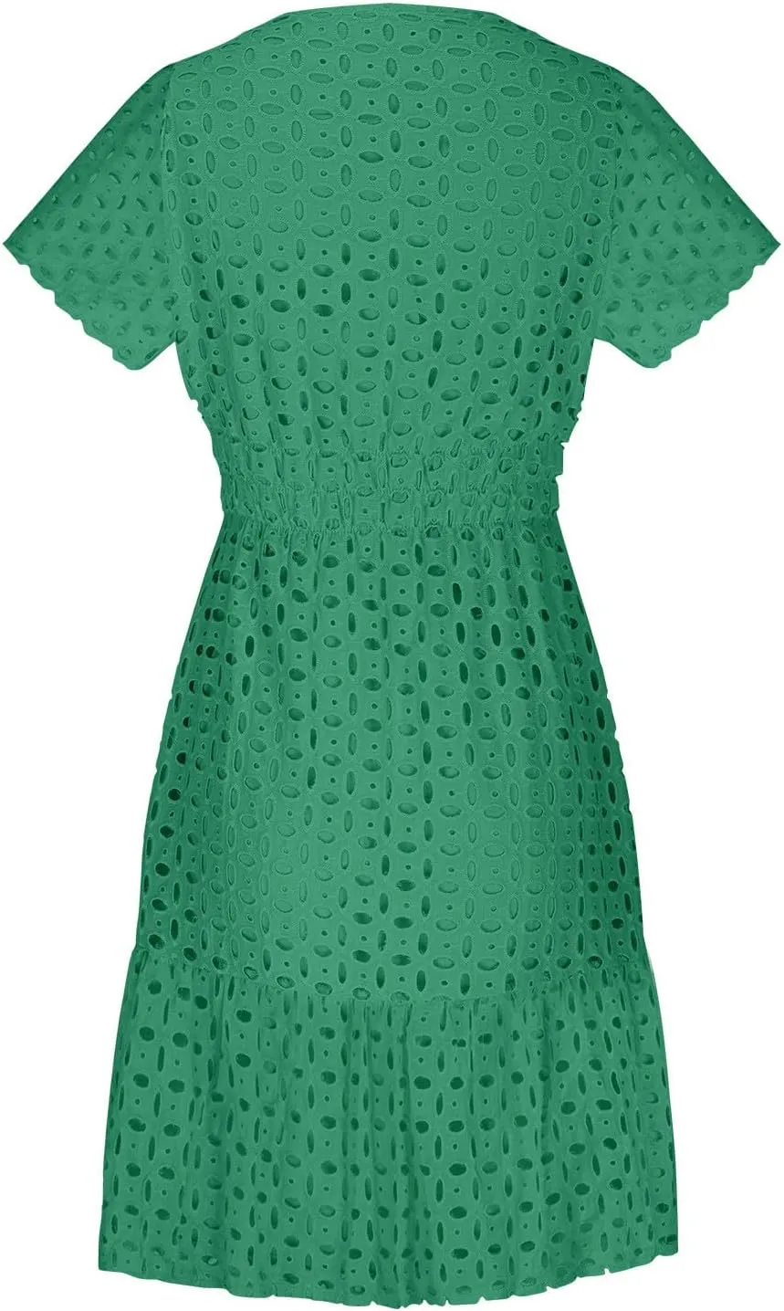 Women's V Neck Short Sleeve Maxi Dress Hollow Out Eyelet Slim Waist Ruffle Summer Casual Swing A Line Mini Dresses