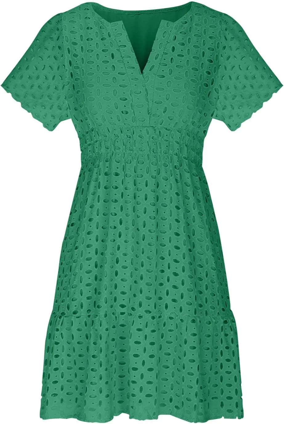 Women's V Neck Short Sleeve Maxi Dress Hollow Out Eyelet Slim Waist Ruffle Summer Casual Swing A Line Mini Dresses