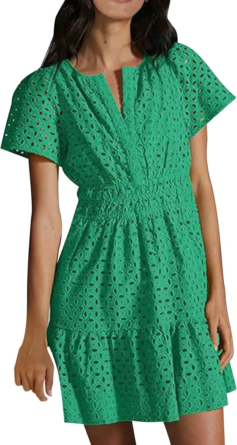 Women's V Neck Short Sleeve Maxi Dress Hollow Out Eyelet Slim Waist Ruffle Summer Casual Swing A Line Mini Dresses