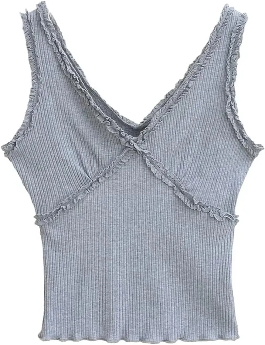 Women's V-Neck Sleeveless Tank Top Ruffle Trim Ribbed Slim Fit Summer Camisole