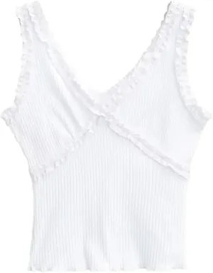 Women's V-Neck Sleeveless Tank Top Ruffle Trim Ribbed Slim Fit Summer Camisole