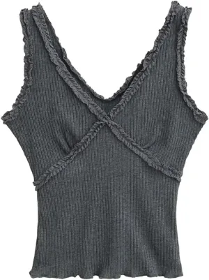 Women's V-Neck Sleeveless Tank Top Ruffle Trim Ribbed Slim Fit Summer Camisole
