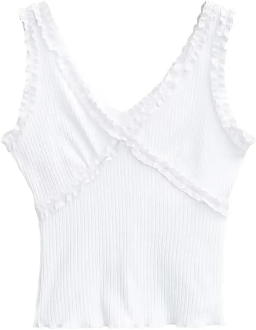 Women's V-Neck Sleeveless Tank Top Ruffle Trim Ribbed Slim Fit Summer Camisole