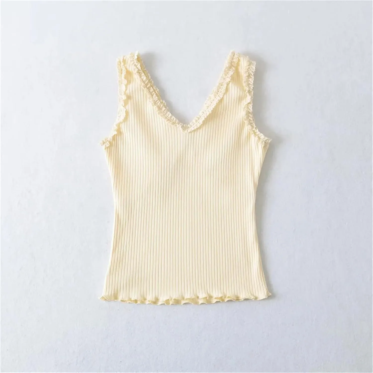 Women's V-Neck Sleeveless Tank Top Ruffle Trim Ribbed Slim Fit Summer Camisole