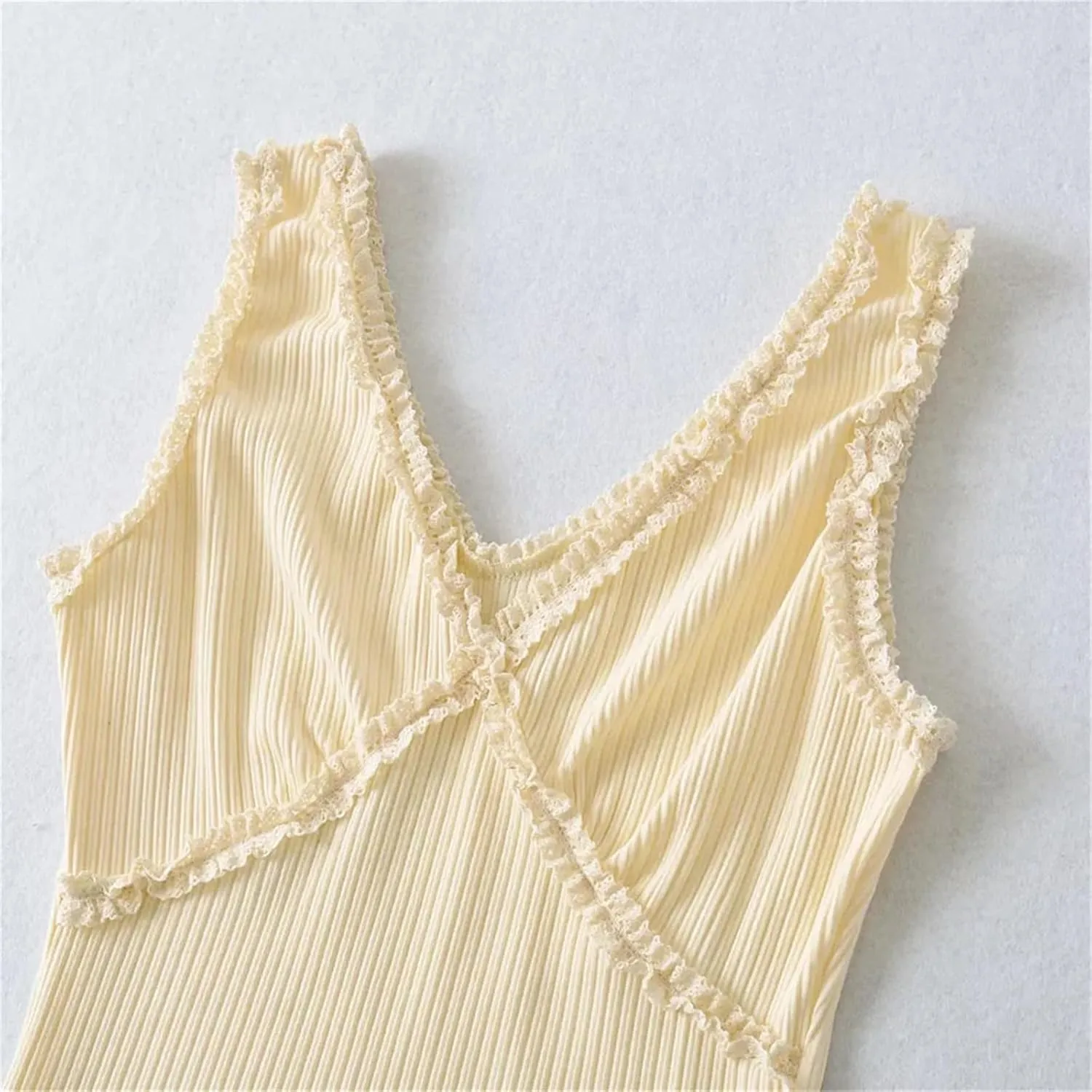 Women's V-Neck Sleeveless Tank Top Ruffle Trim Ribbed Slim Fit Summer Camisole