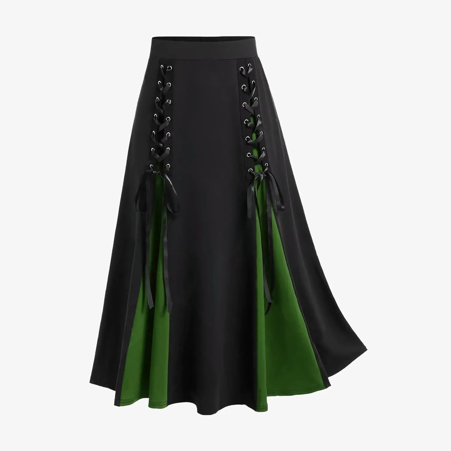 Women's Vintage Gothic Long Skirt High Waist Patchwork Bandage Pleated Midi Skirt Fashion Retro Court Skirts