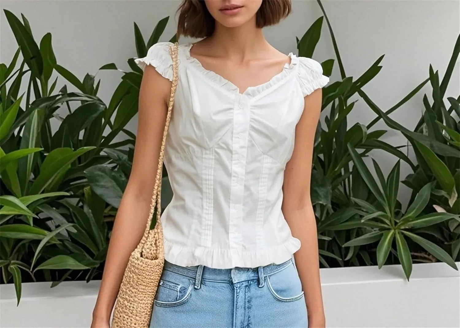 Women's White V-Neck Tank Top Casual Slim Fit Pleated Summer Camisole