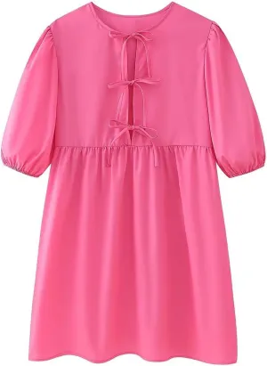 Womens Y2k Babydoll Mini Dress Short Puff Sleeve Bow Tie Front Peplum Dress Cute Loose Fit High Waist Short Dresses