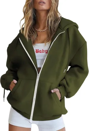 Womens Zip Up Hoodies Long Sleeve Fall Oversized Sweatshirts Fleece Y2K Jacket with Pockets 2024 Fashion Clothes