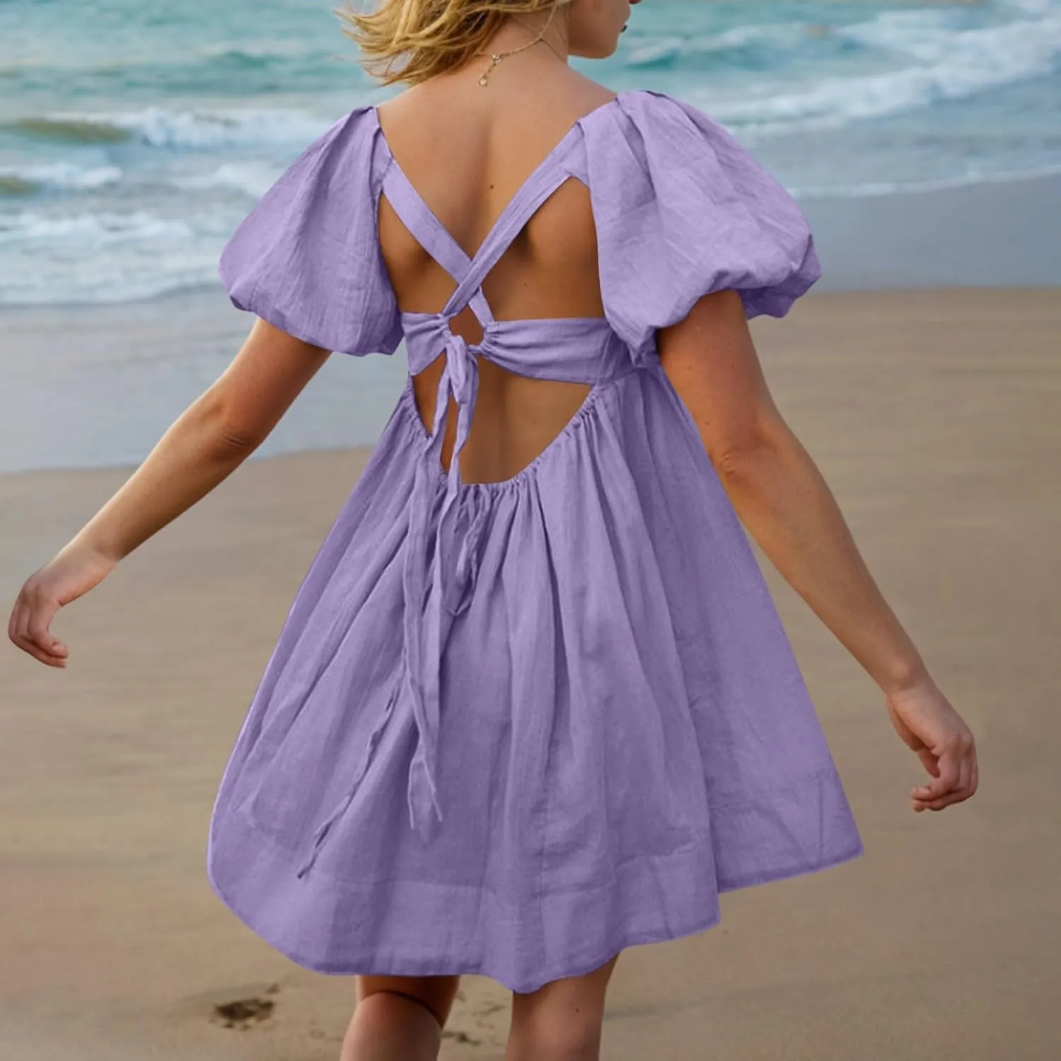 Xiaojmake Babydoll Dress for Women 2025 Cute Puff Short Sleeve Square Neck Short Dress High Waist A Line Bubble Mini Dresses