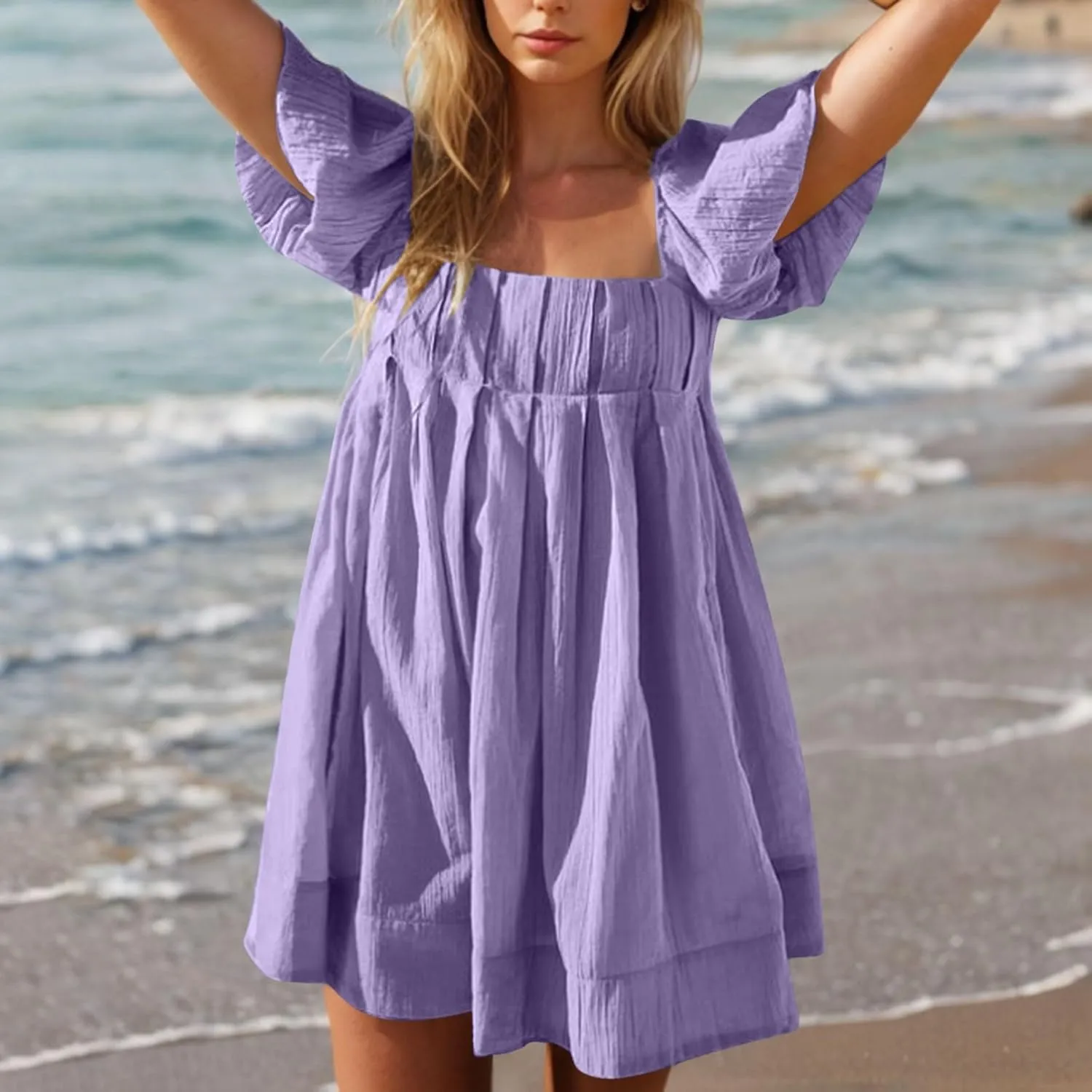 Xiaojmake Babydoll Dress for Women 2025 Cute Puff Short Sleeve Square Neck Short Dress High Waist A Line Bubble Mini Dresses