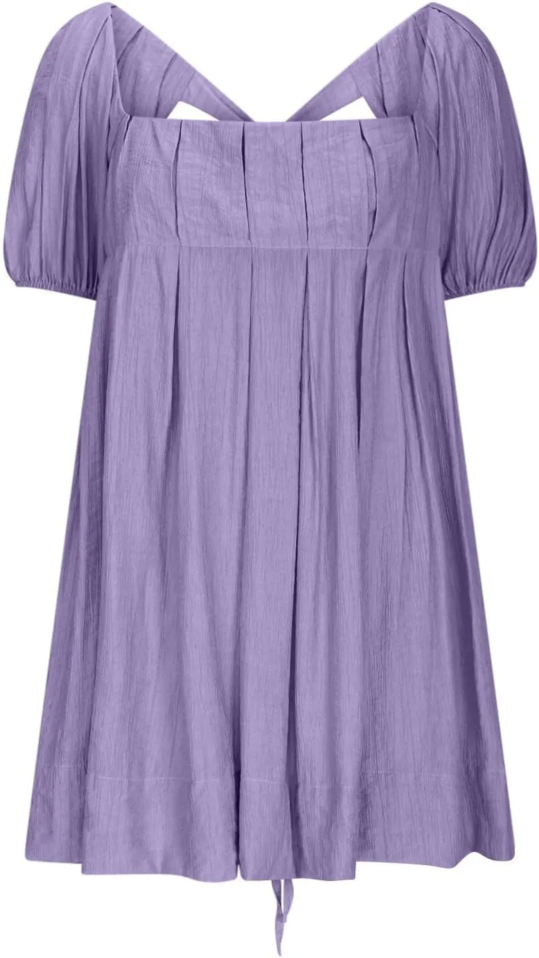 Xiaojmake Babydoll Dress for Women 2025 Cute Puff Short Sleeve Square Neck Short Dress High Waist A Line Bubble Mini Dresses
