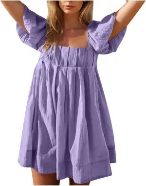 Xiaojmake Babydoll Dress for Women 2025 Cute Puff Short Sleeve Square Neck Short Dress High Waist A Line Bubble Mini Dresses