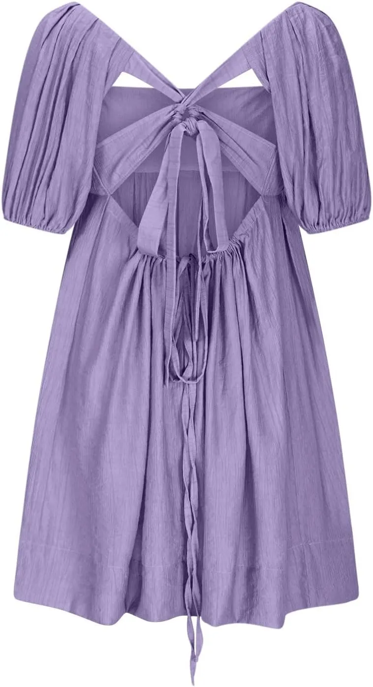 Xiaojmake Babydoll Dress for Women 2025 Cute Puff Short Sleeve Square Neck Short Dress High Waist A Line Bubble Mini Dresses