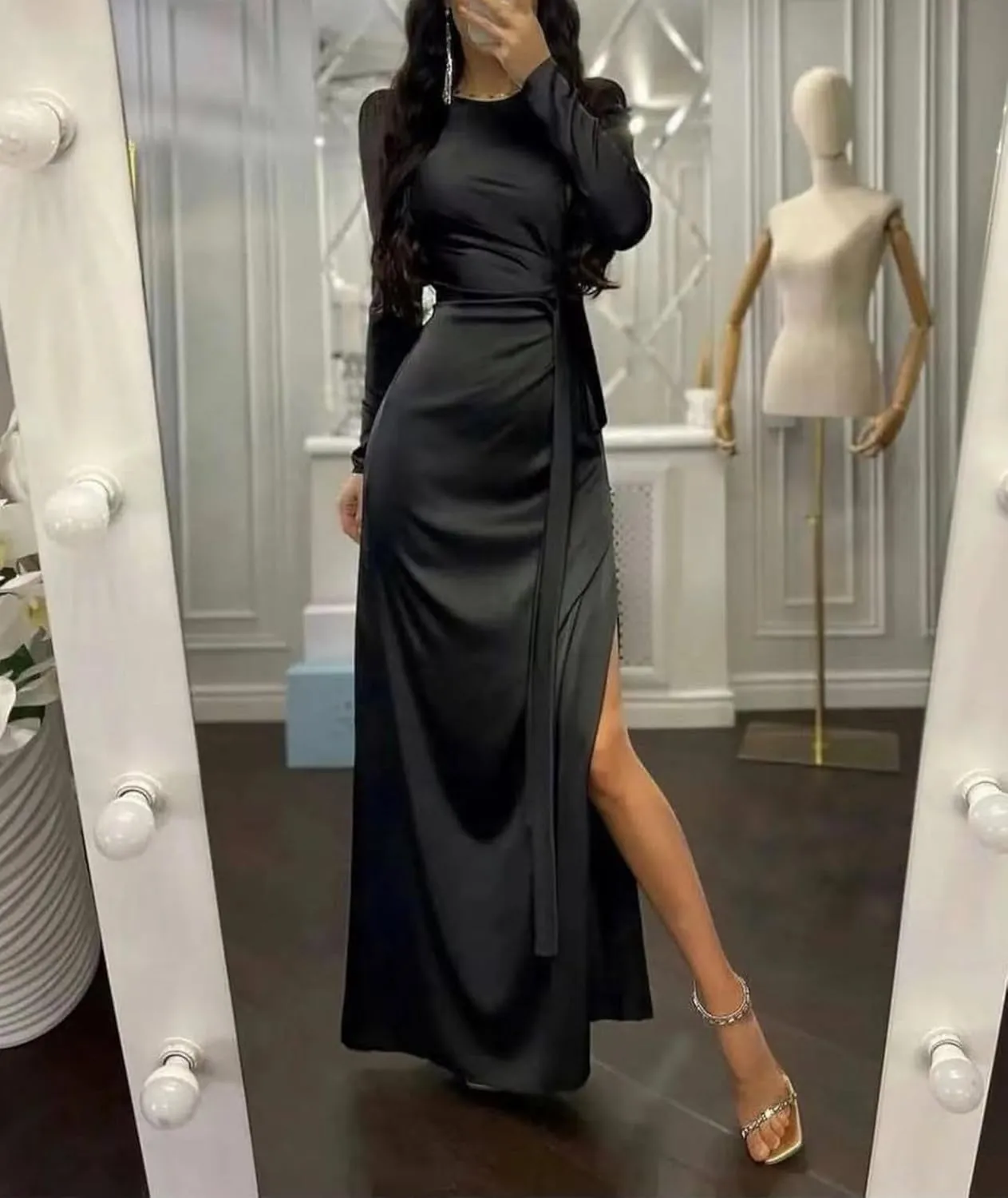 xxxiticat Women's Satin Long Dress Long Sleeve Puff Shoulder Crew Neck Tie Up Waist Ruched High Slit Maxi Slip Dresses