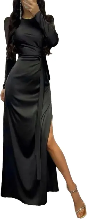 xxxiticat Women's Satin Long Dress Long Sleeve Puff Shoulder Crew Neck Tie Up Waist Ruched High Slit Maxi Slip Dresses