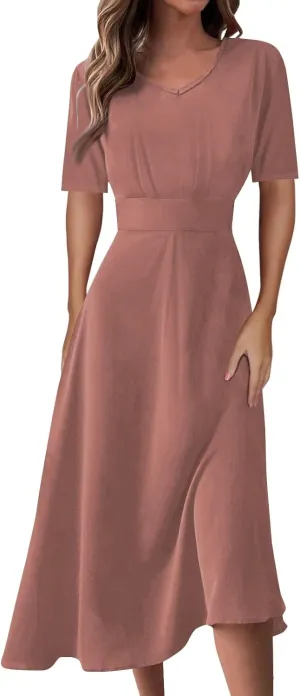 Yesunpxs Summer Dresses for Women Flowy Swing Long Dress Trendy V Neck Waist Maxi Dress Floral Printed Short Sleeve Dress