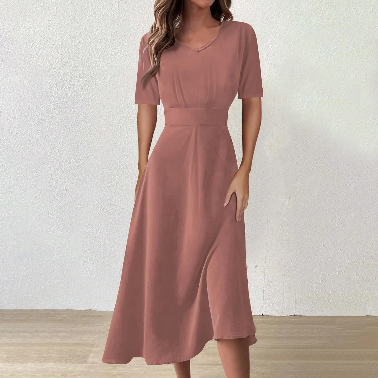 Yesunpxs Summer Dresses for Women Flowy Swing Long Dress Trendy V Neck Waist Maxi Dress Floral Printed Short Sleeve Dress