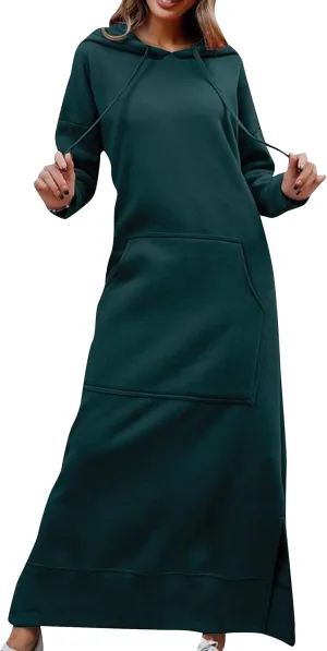 YMING Women's Hooded Maxi Pullover Dress Drawstring Solid Color Long Sweatshirt Fall Loose Slit Hoodies with Pockets