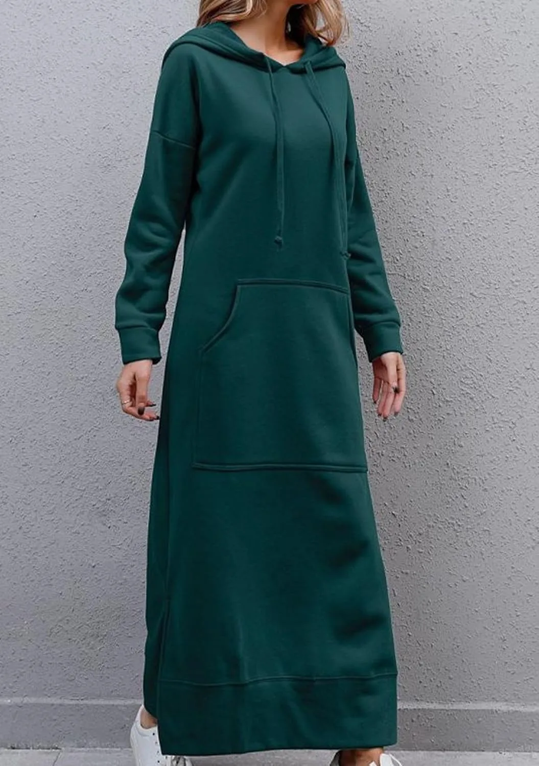 YMING Women's Hooded Maxi Pullover Dress Drawstring Solid Color Long Sweatshirt Fall Loose Slit Hoodies with Pockets