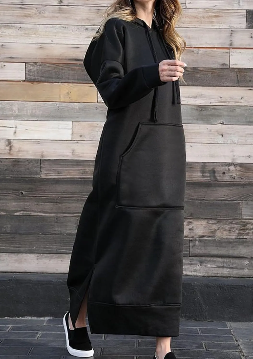 YMING Women's Hooded Maxi Pullover Dress Drawstring Solid Color Long Sweatshirt Fall Loose Slit Hoodies with Pockets
