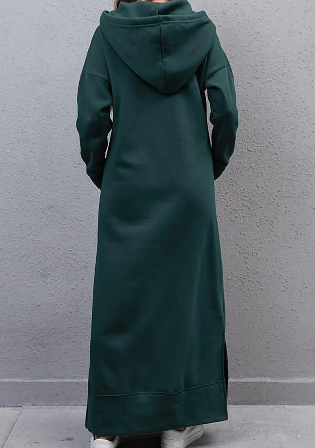 YMING Women's Hooded Maxi Pullover Dress Drawstring Solid Color Long Sweatshirt Fall Loose Slit Hoodies with Pockets