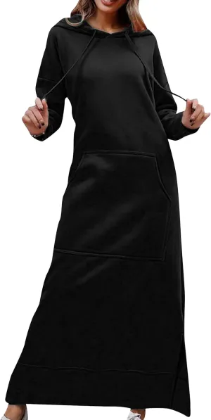 YMING Women's Hooded Maxi Pullover Dress Drawstring Solid Color Long Sweatshirt Fall Loose Slit Hoodies with Pockets