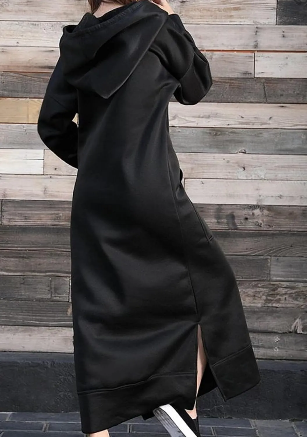 YMING Women's Hooded Maxi Pullover Dress Drawstring Solid Color Long Sweatshirt Fall Loose Slit Hoodies with Pockets