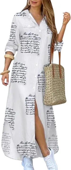 YMING Women's Long Sleeve Button Down Shirt Dress Spring Casual Maxi Dresses Loose Fit Blouse Dress with Pockets