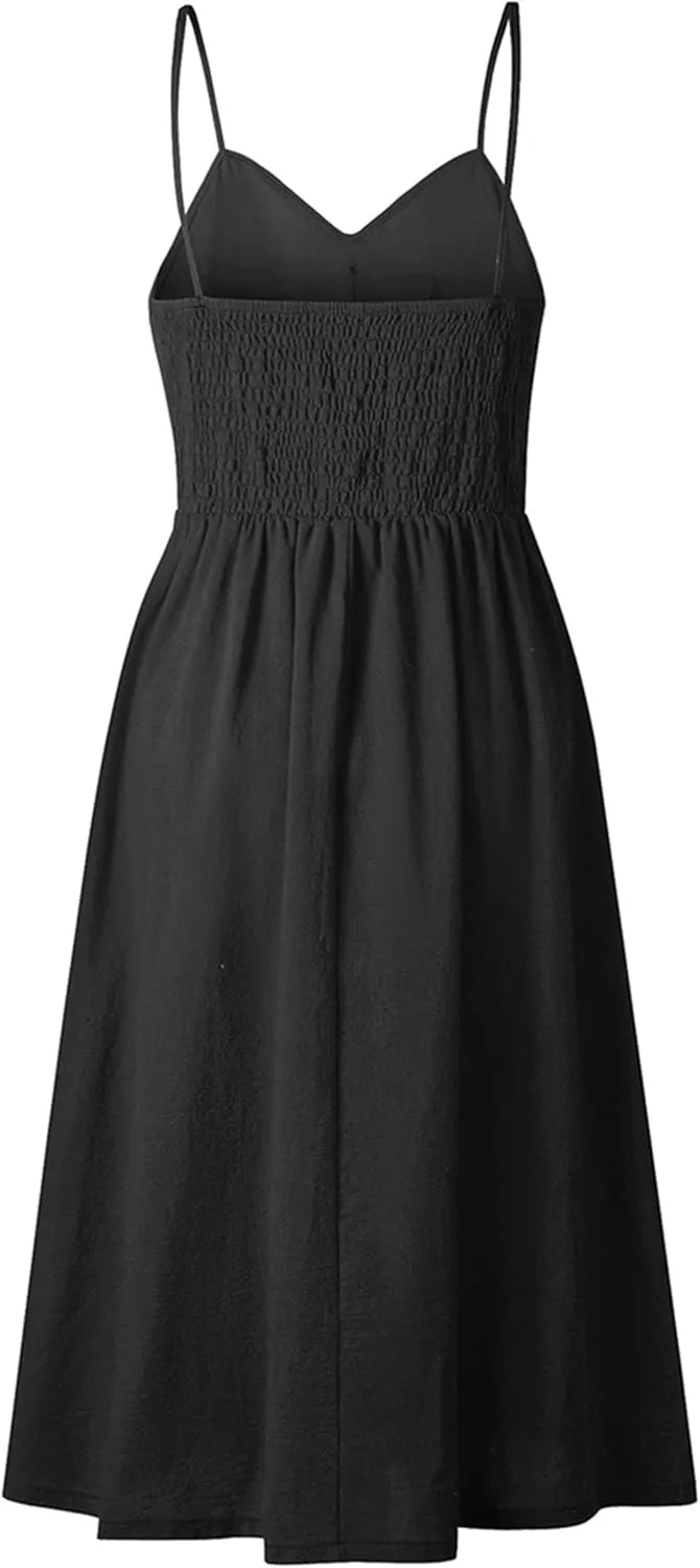YMING Womens Summer Spaghetti Strap Dresses Button Down Floral Sundress High Waist Swing Midi Dress with Pockets