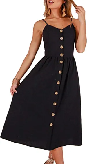 YMING Womens Summer Spaghetti Strap Dresses Button Down Floral Sundress High Waist Swing Midi Dress with Pockets