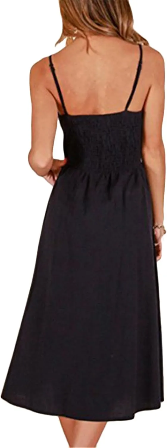 YMING Womens Summer Spaghetti Strap Dresses Button Down Floral Sundress High Waist Swing Midi Dress with Pockets
