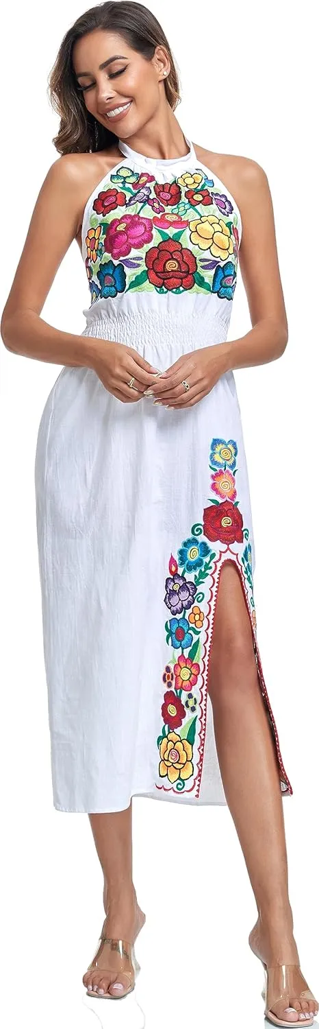 YZXDORWJ Women's Mexican Floral Embroidered Halter Neck Split Sleeveless Ruffle Party Long Dresses