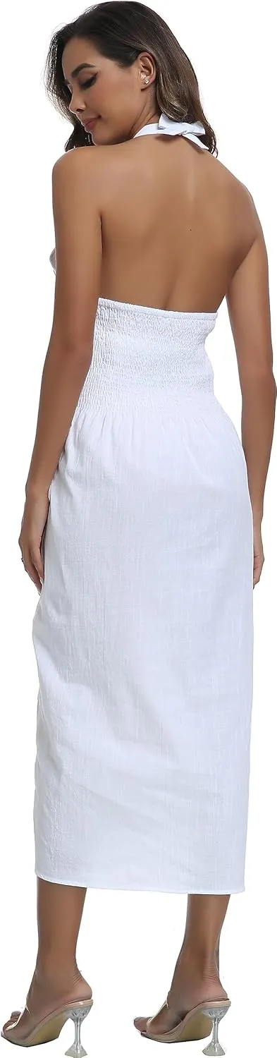 YZXDORWJ Women's Mexican Floral Embroidered Halter Neck Split Sleeveless Ruffle Party Long Dresses